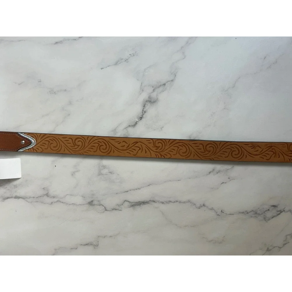 Girls Large Western Tooled Floral Belt Brown‎ Tan Silver Buckle Rhinestone